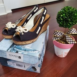 Sperry Southport black canvas wedges